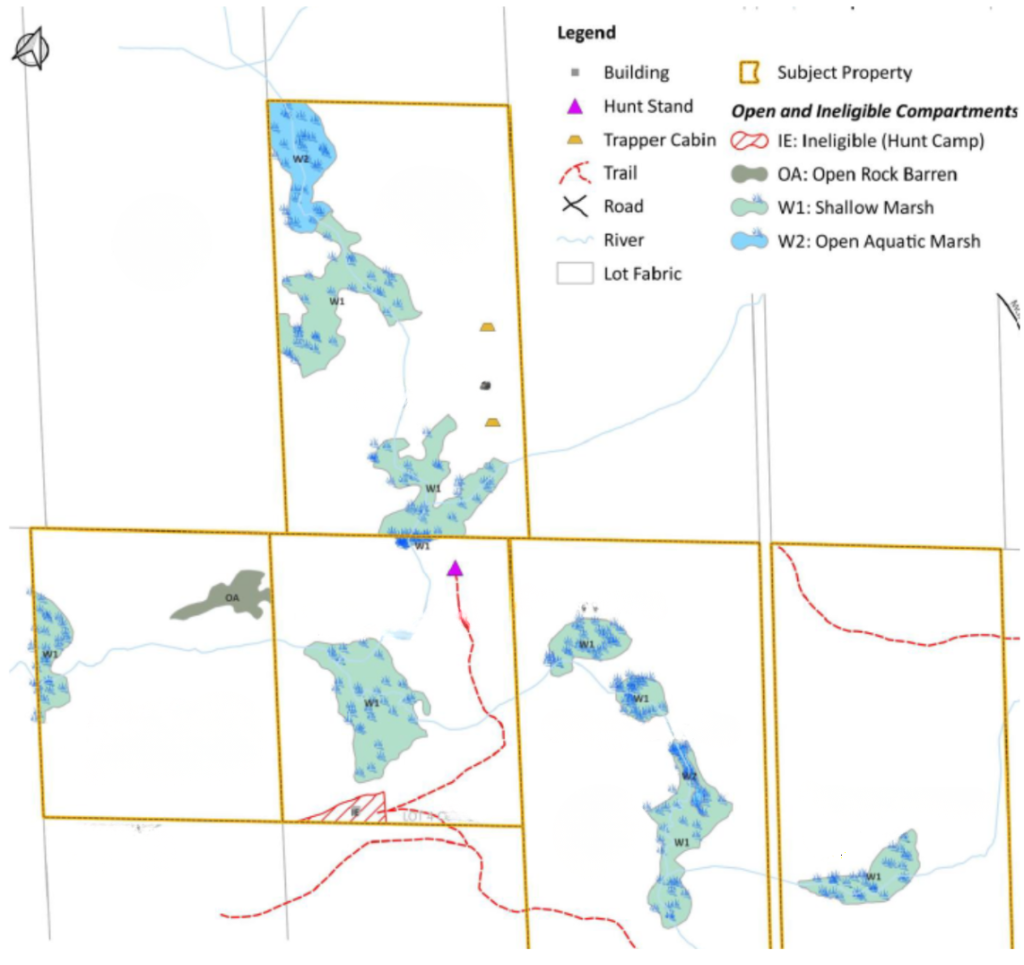 Portion of a map of Harold’s five adjoining properties of forests, wetlands and rocky barrens totaling 375 acres.